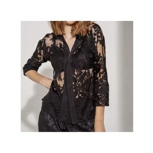 LAHIVE Women's Size M, Jewell Lace Button Up Top 3/4 Sleeve Black‎ Floral Sheer